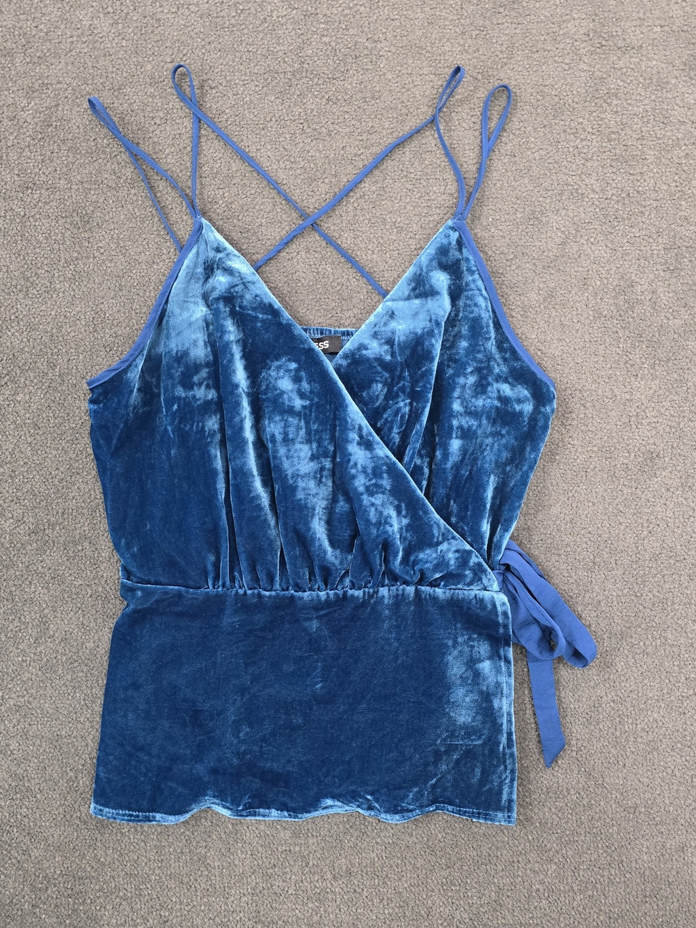 Express XS Blue Velvet Wrap Front Strappy Peplum Cami Top NWT